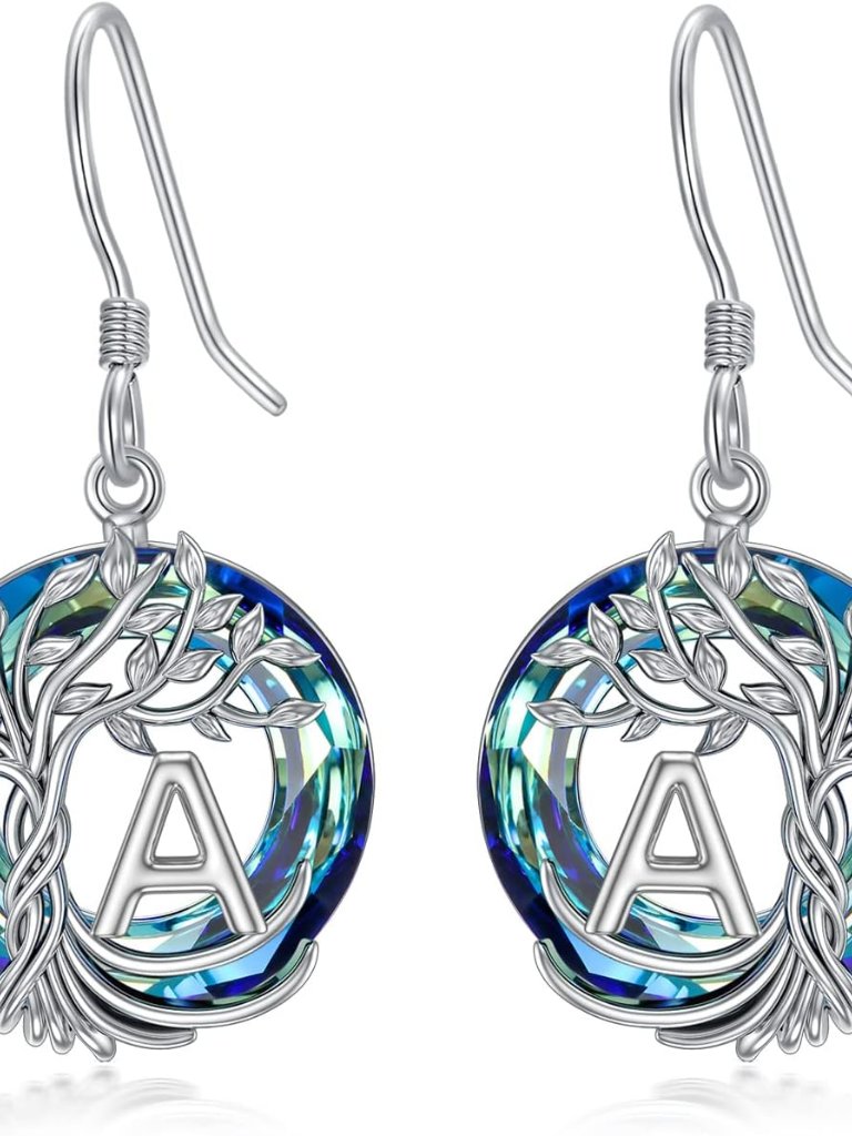 Mothers Day Gifts Tree Of Life Initial Earrings Sterling Silver A-Z Letter Drop